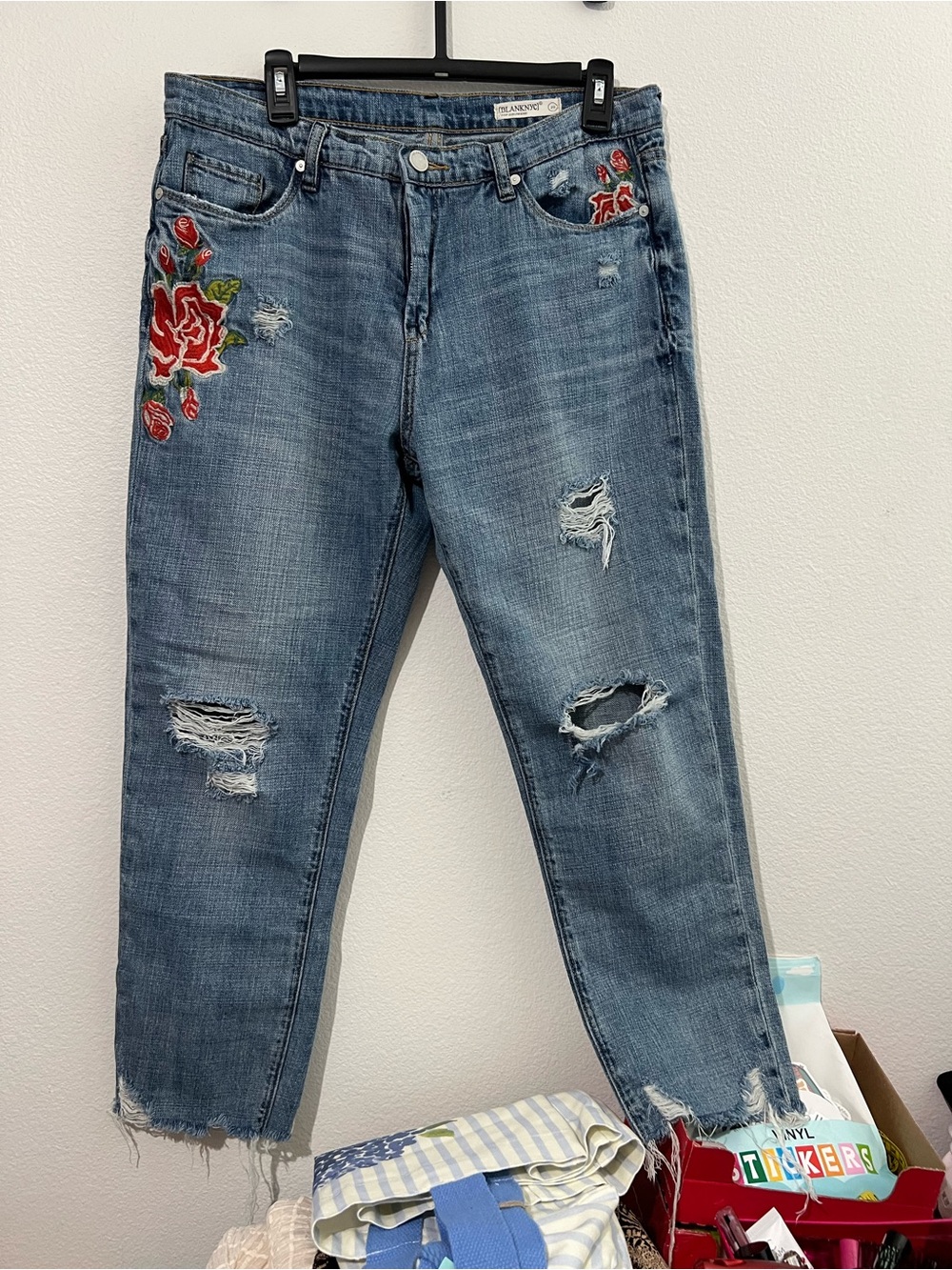 Blank NYC Blue Distressed Boyfriend Jeans with Red Rose Embroidery
